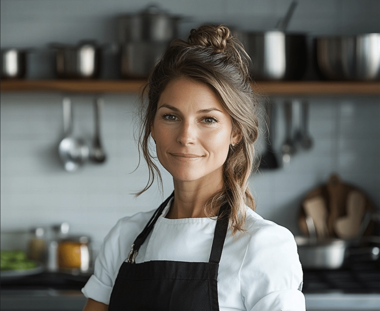 Woman chef smiling confidently in a kitchen, surrounded by cooking utensils and fresh ingredients, representing her passion for homemade cooking." Let me know if you'd like to include specific details like what she's wearing or what she's cooking!